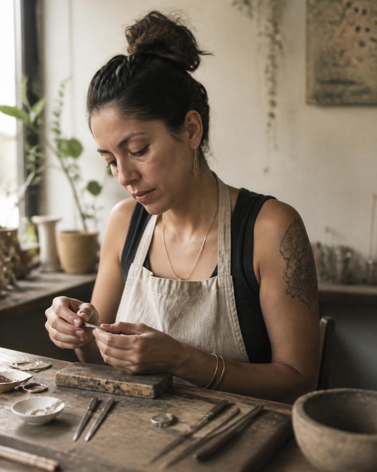 La fundadora de Tsayam trabajando una pieza en su taller